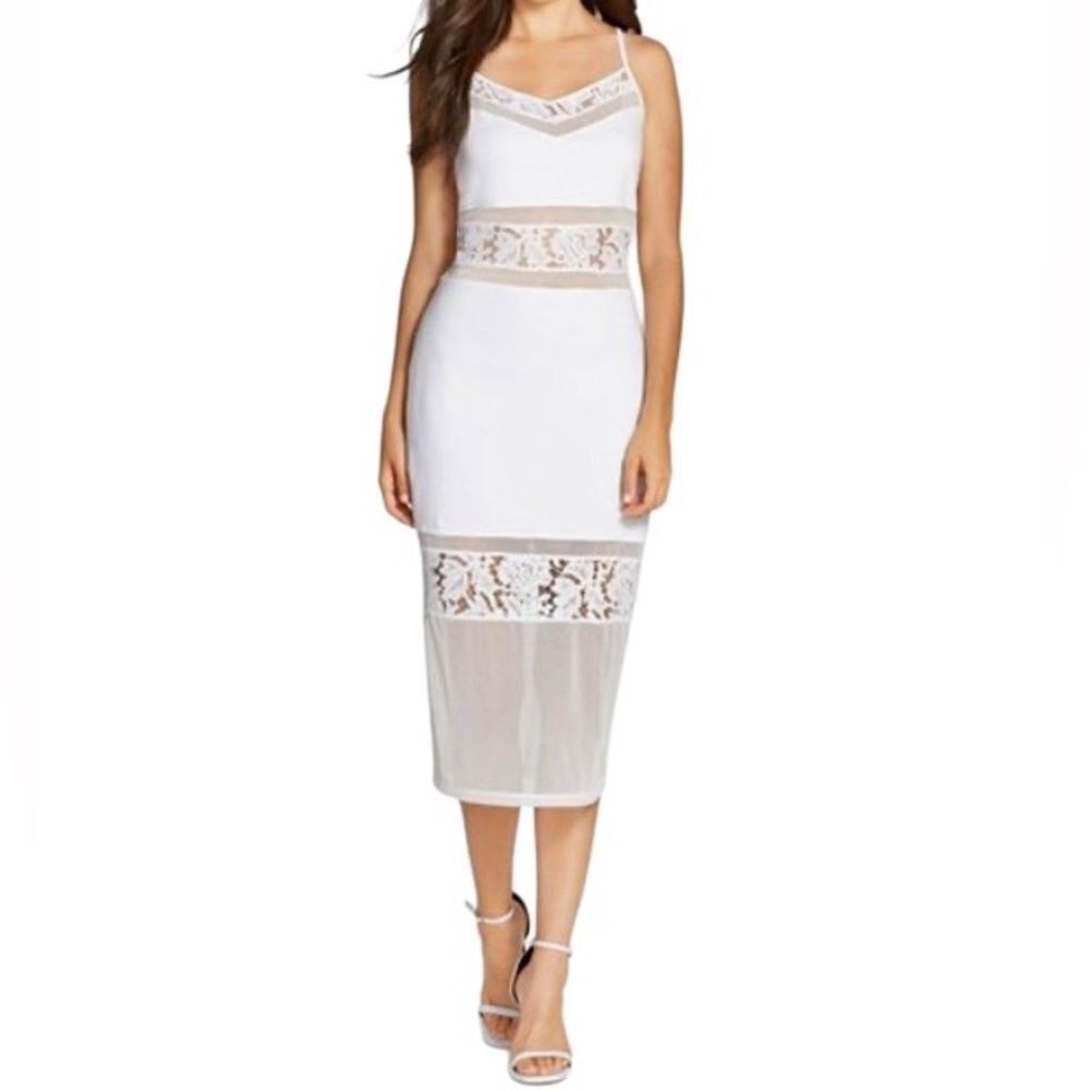 French Connection Lucky Layer Lace Inset Bodycon Midi Dress in White Women’s 2